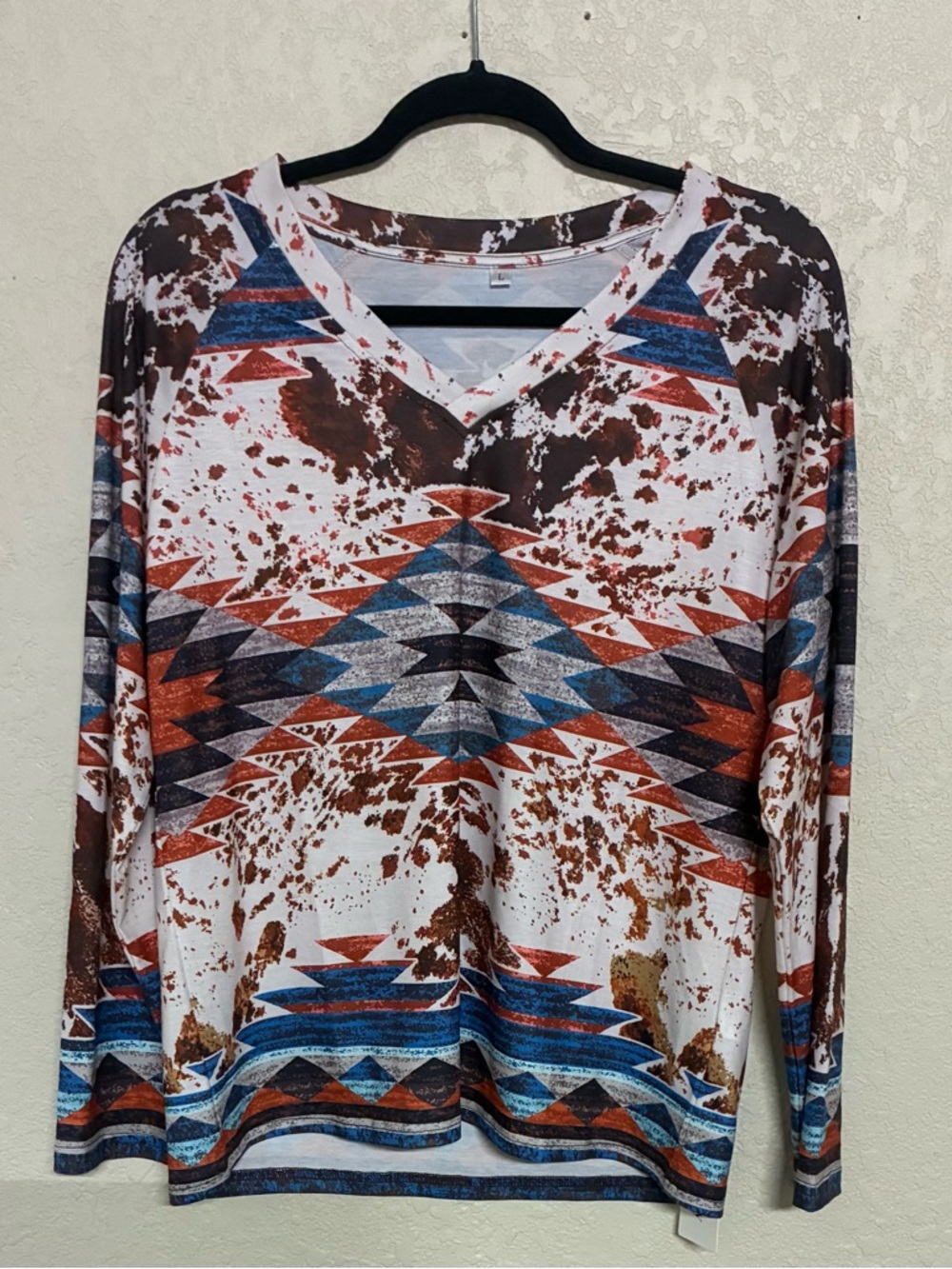 V-Neck Aztec Print Long Sleeve Top - Brown/Blue